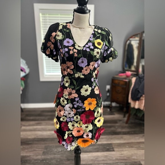 Adelyn Rae 3D Floral Embroidered Mesh V-Neck Short Sleeve Mini Dress Small NWT - Picture 2 of 8